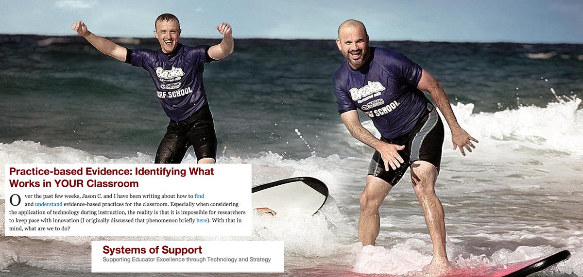 Image of the two Jasons surfing with quotes from their Systems of Support blog overlaid
