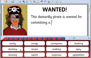 Clicker 6 screenshot of a writing grid about a wanted pirate