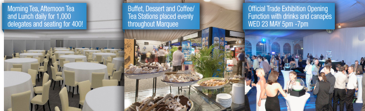 Images of morning tea / afternoon tea / lunch tables and buffet / dessert / coffee and tea station for conference delegates (left and centre), Official Trade Exhibition Opening Function drinks and canap&eacute;s